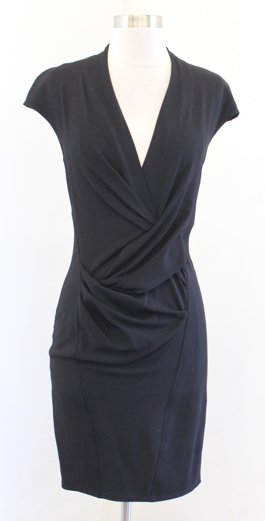 Helmut Lang Black V Neck Ruched Draped Wool Viscose Suiting Sheath Dress Size 2