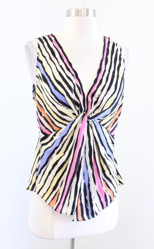 BCBG Max Azria Rainbow Striped Twist Front Tank Top Blouse Size S V Neck Yellow