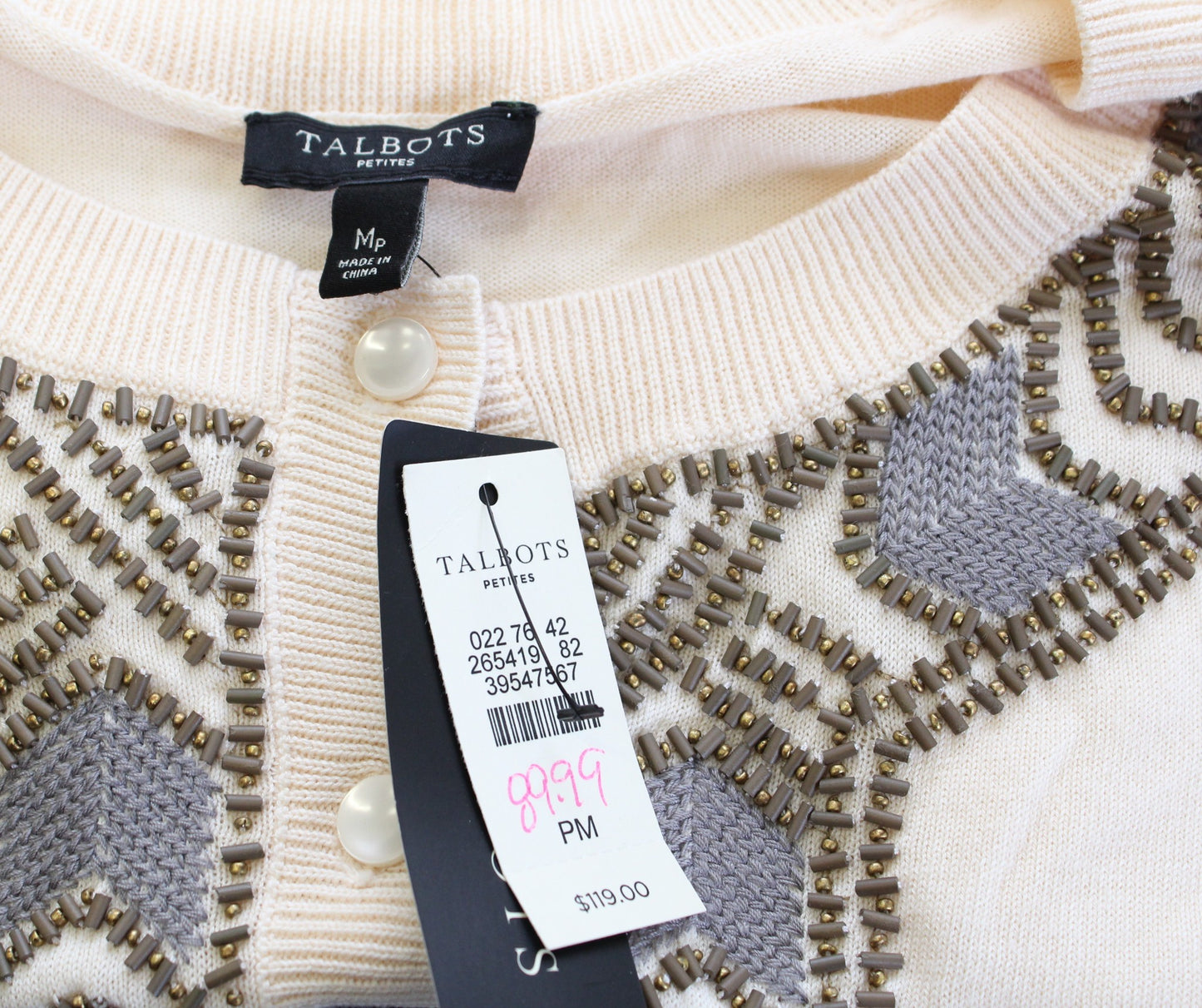 NWT Talbots Beige Button Front Beaded Embellished Cardigan Sweater Size PM MP