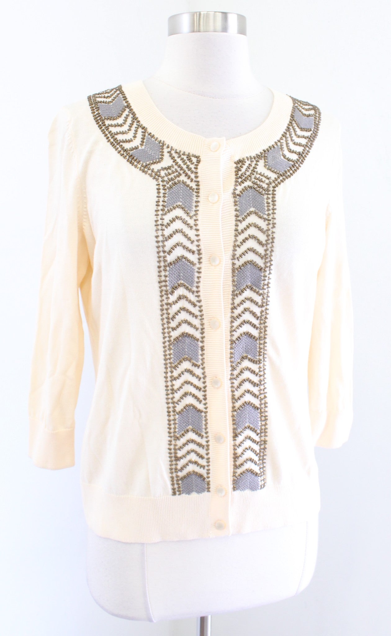 NWT Talbots Beige Button Front Beaded Embellished Cardigan Sweater Size PM MP