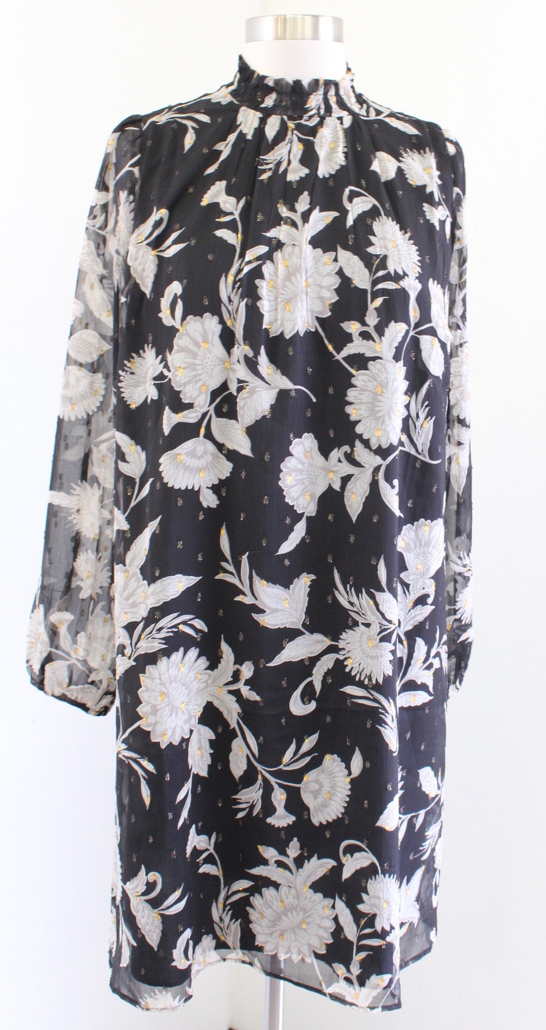 Ann Taylor Black Baroque Floral Smocked Mock Neck Tie Waist Shift Dress Size XS