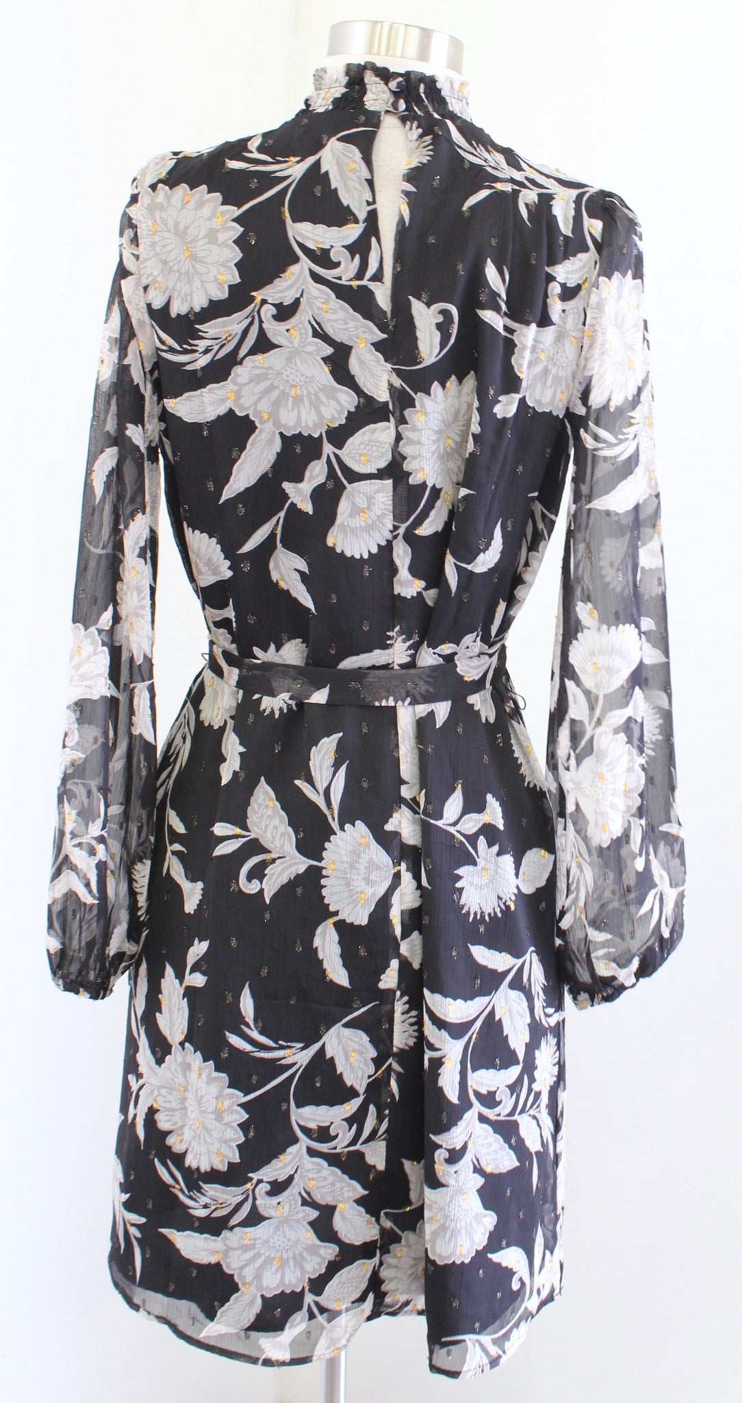 Ann Taylor Black Baroque Floral Smocked Mock Neck Tie Waist Shift Dress Size XS