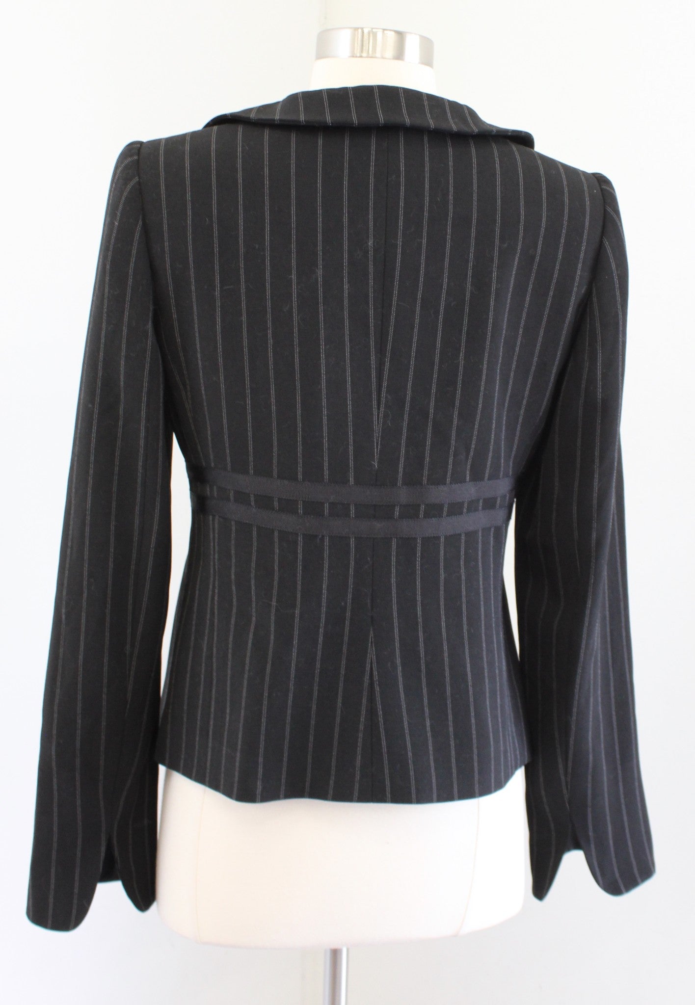 Armani Collezioni Black Striped Pinstripe Ruffle Collar Blazer Jacket Size 6