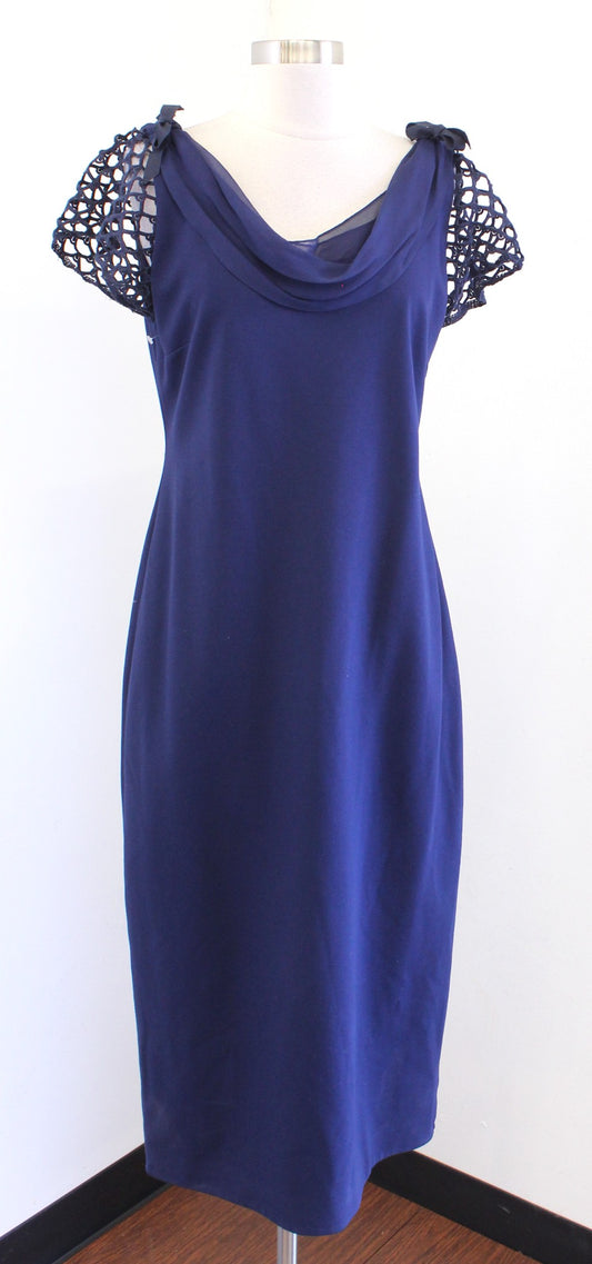 Elie Tahari Navy Blue Draped Neck Lace Sleeve Midi Dress Evening Cocktail Sz 12