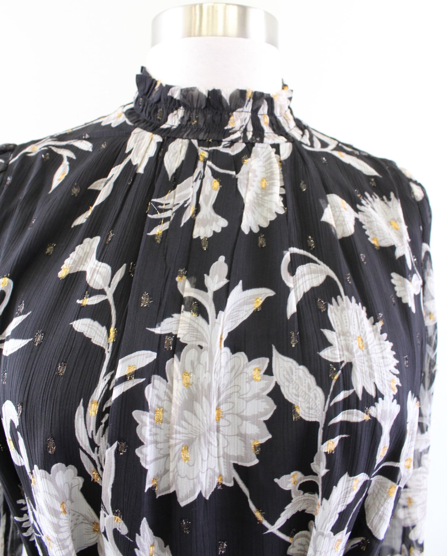 Ann Taylor Black Baroque Floral Smocked Mock Neck Tie Waist Shift Dress Size XS