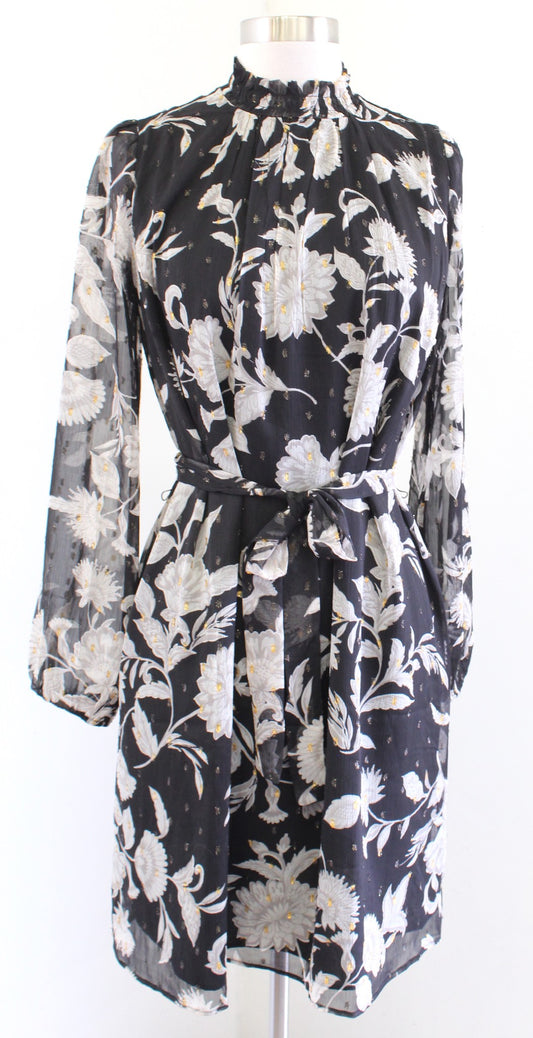 Ann Taylor Black Baroque Floral Smocked Mock Neck Tie Waist Shift Dress Size XS