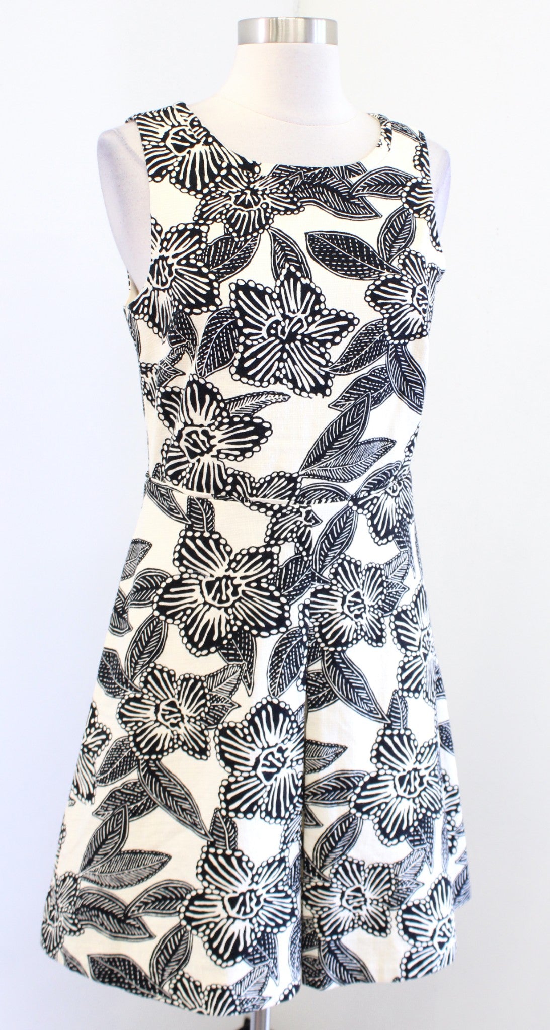 J Crew Cream Beige Black Polynesian Floral Print A Line Cutout Back Dress Size 4