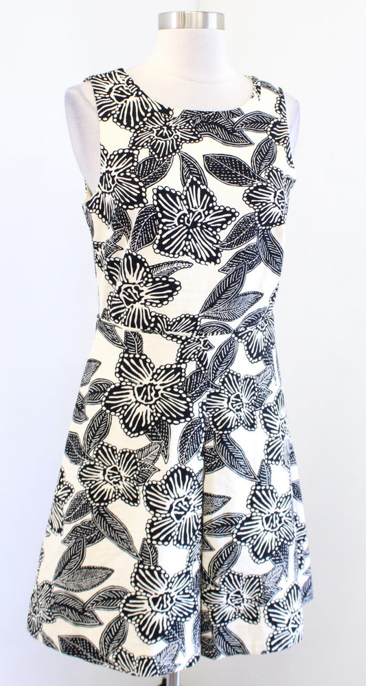 J Crew Cream Beige Black Polynesian Floral Print A Line Cutout Back Dress Size 4