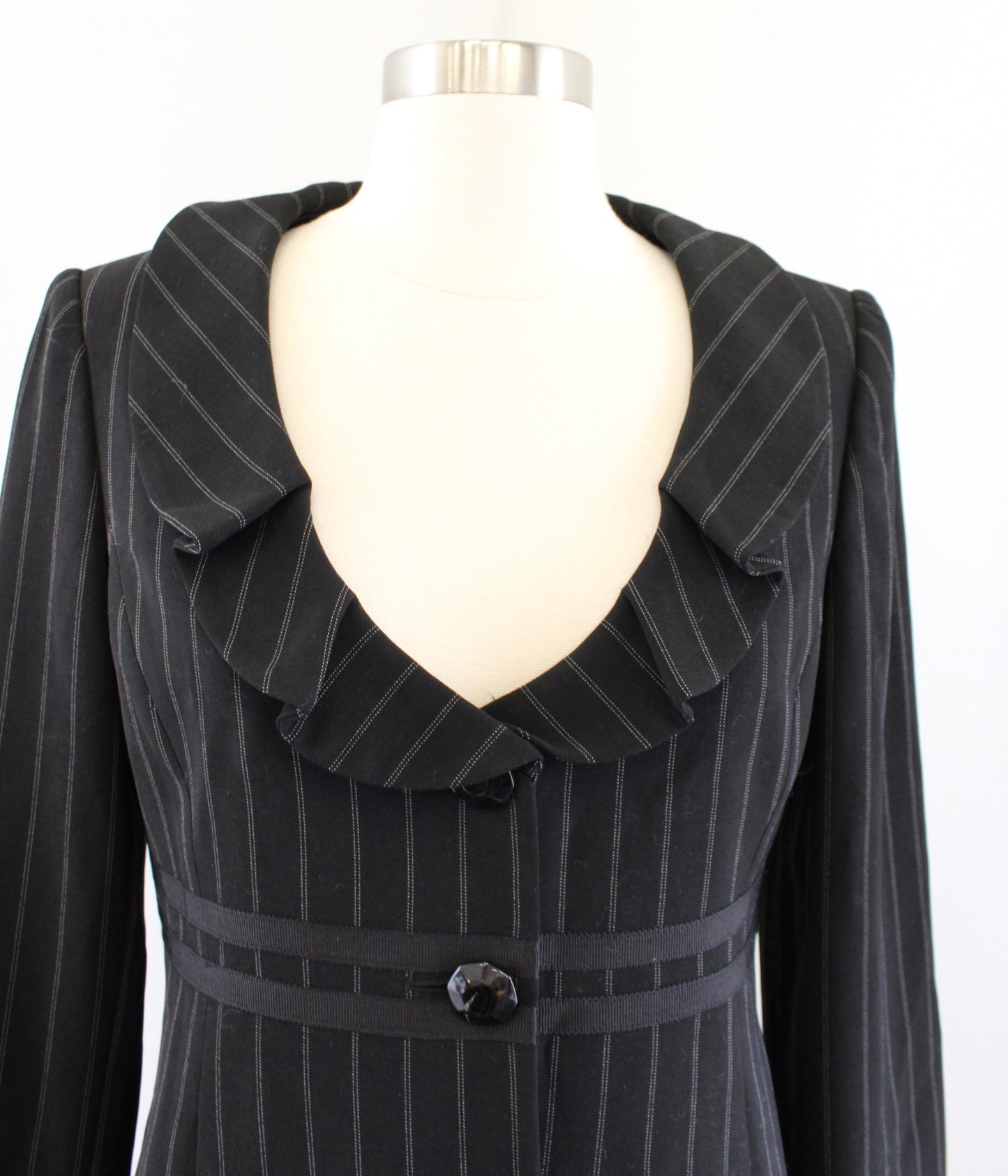 Armani Collezioni Black Striped Pinstripe Ruffle Collar Blazer Jacket Size 6