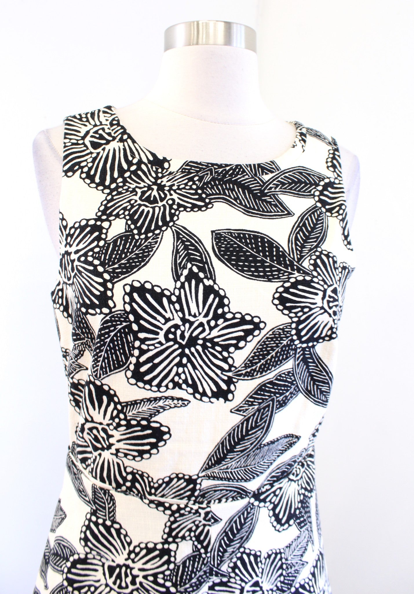 J Crew Cream Beige Black Polynesian Floral Print A Line Cutout Back Dress Size 4