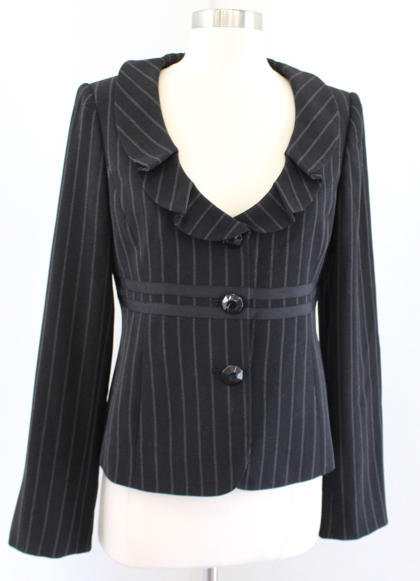 Armani Collezioni Black Striped Pinstripe Ruffle Collar Blazer Jacket Size 6