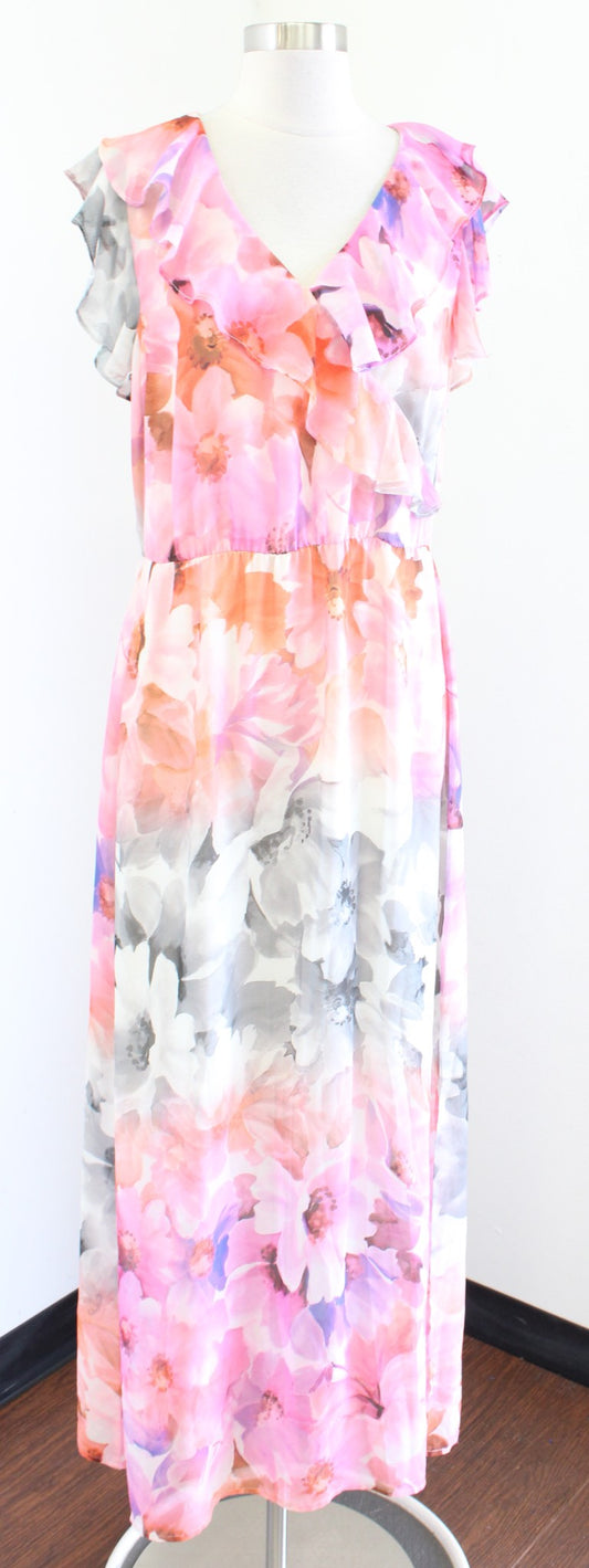 HD in Paris Anthropologie Easel Floral Flutter Ruffle Maxi Dress Size 8 Pink