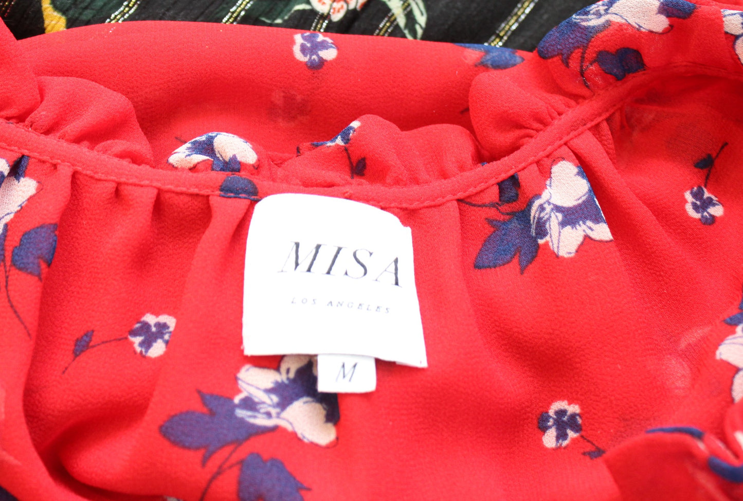 Misa Los Angeles Milaya Red Blue Floral Ruffle Tiered Tie Neck Mini Dress Size M