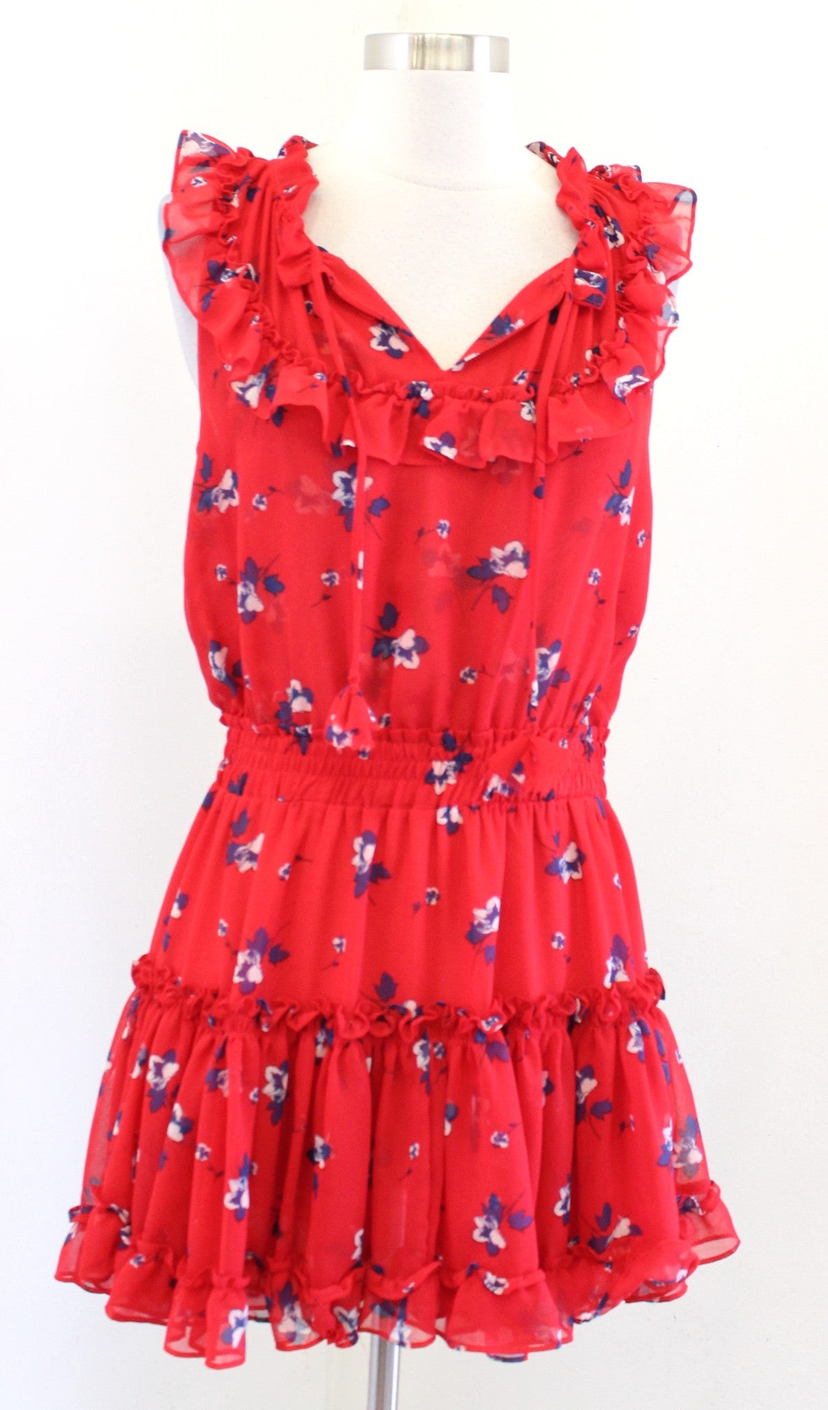 Misa Los Angeles Milaya Red Blue Floral Ruffle Tiered Tie Neck Mini Dress Size M