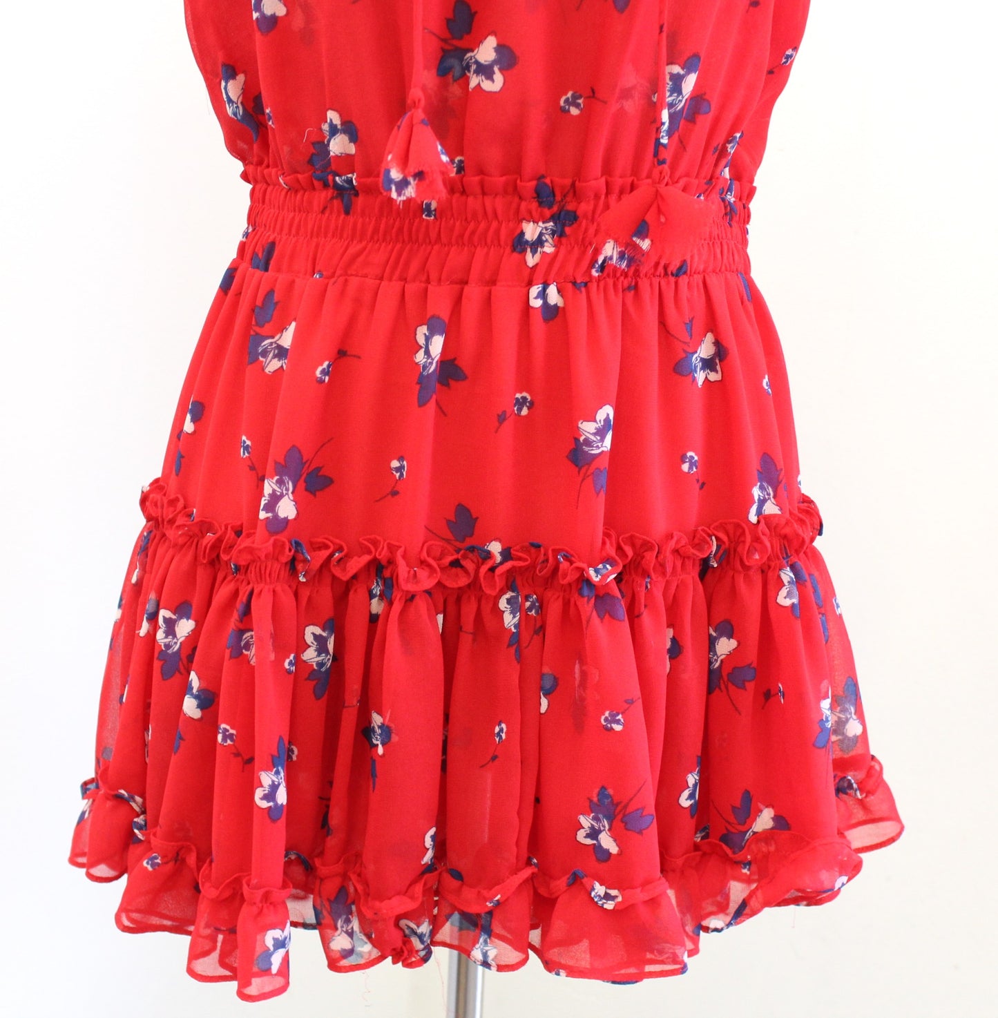 Misa Los Angeles Milaya Red Blue Floral Ruffle Tiered Tie Neck Mini Dress Size M