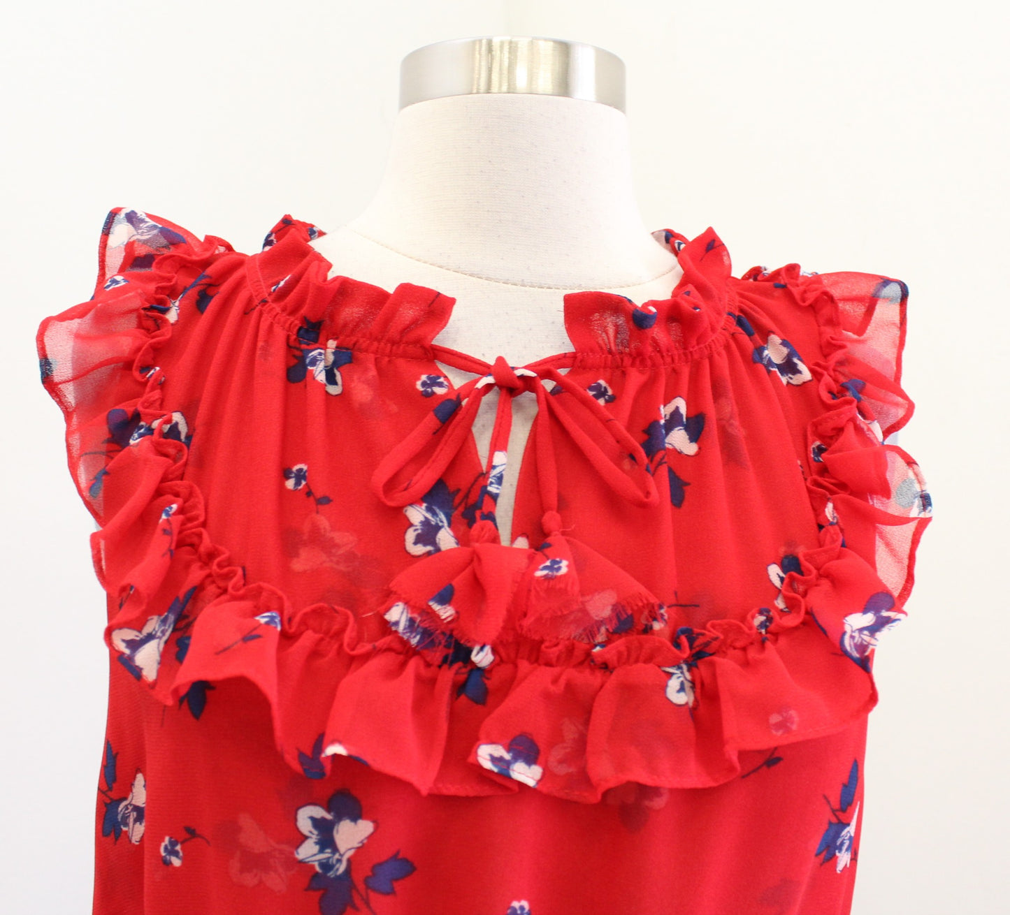 Misa Los Angeles Milaya Red Blue Floral Ruffle Tiered Tie Neck Mini Dress Size M