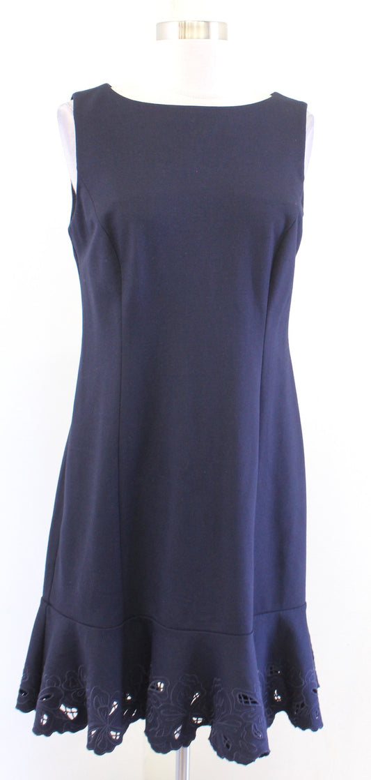 Talbots RSVP Navy Blue Embroidered Cutout Flounce Hem Sheath Dress Size 8P