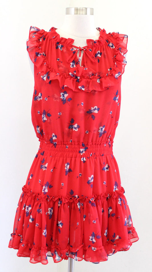 Misa Los Angeles Milaya Red Blue Floral Ruffle Tiered Tie Neck Mini Dress Size M