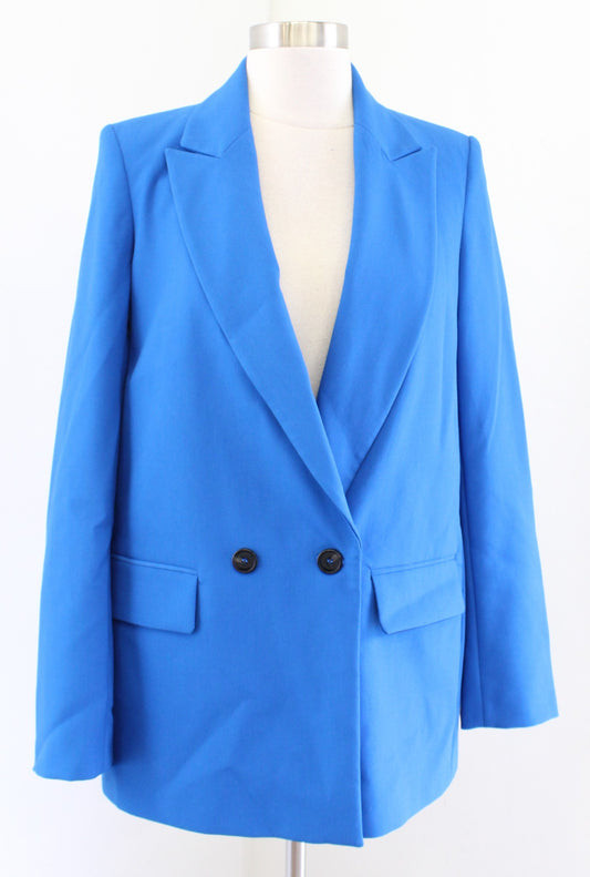 Zara Womens Solid Blue Double Breasted Boyfriend Style Blazer Jacket Size XS