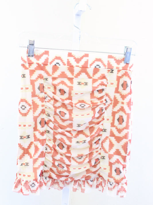 NWT Free People Romi Mesh Ruched Ruffle Hem Mini Skirt Size XS Geometric Aztec