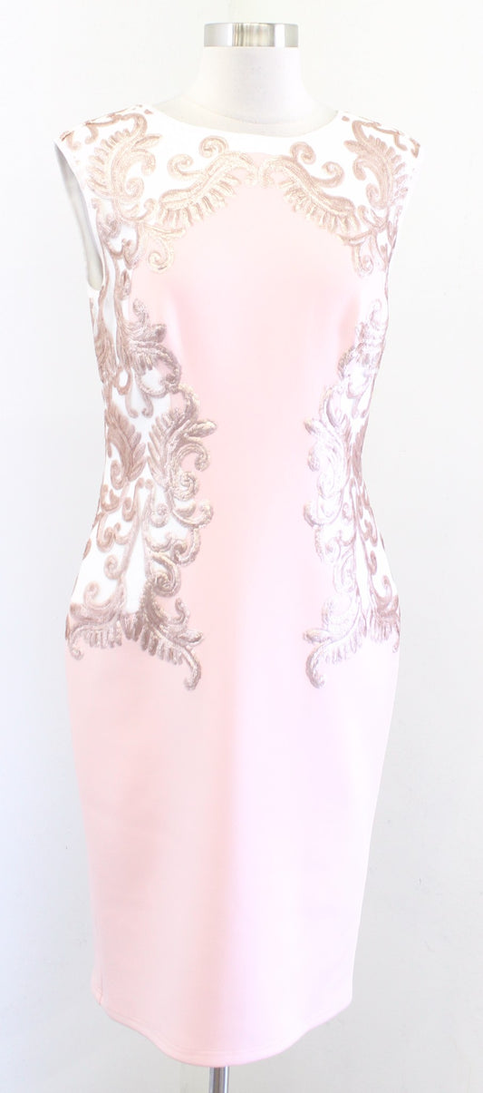 NWT Tadashi Milana Pink Rose Gold Embroidered Sequin Neoprene Dress Cocktail M