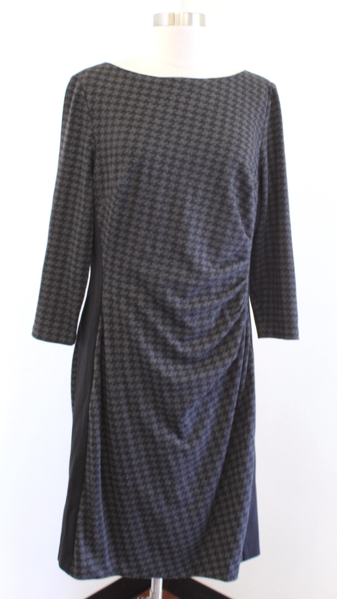 Lauren Ralph Lauren Gray Black Houndstooth Print Knit Ruched Dress Size 14