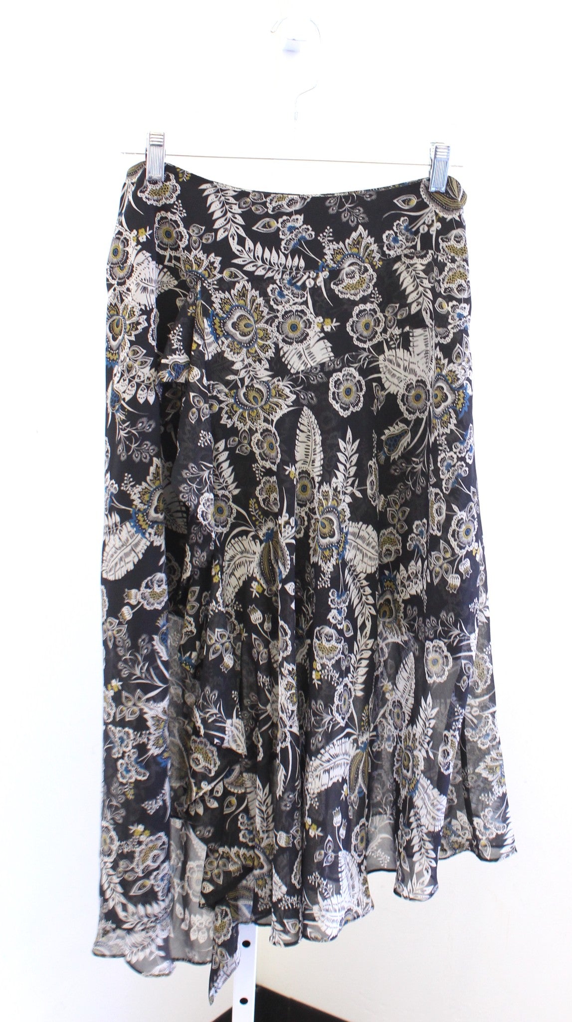 Bailey 44 Josephine Black Floral Print Asymmetric Hem Midi Skirt Size M Boho