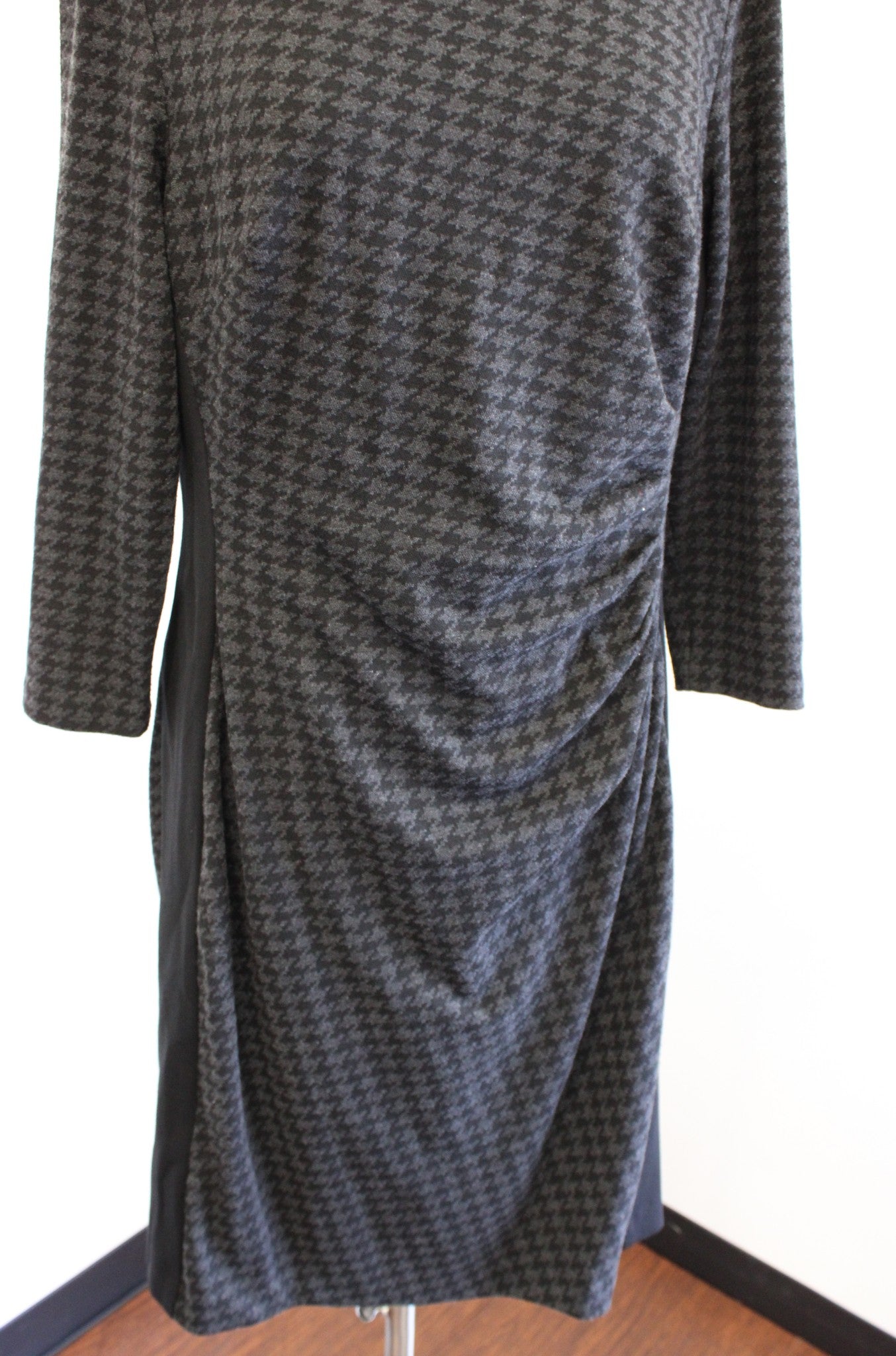 Lauren Ralph Lauren Gray Black Houndstooth Print Knit Ruched Dress Size 14