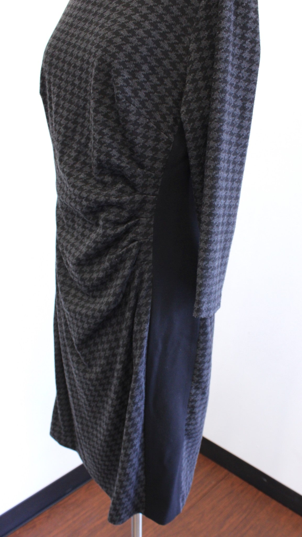 Lauren Ralph Lauren Gray Black Houndstooth Print Knit Ruched Dress Size 14
