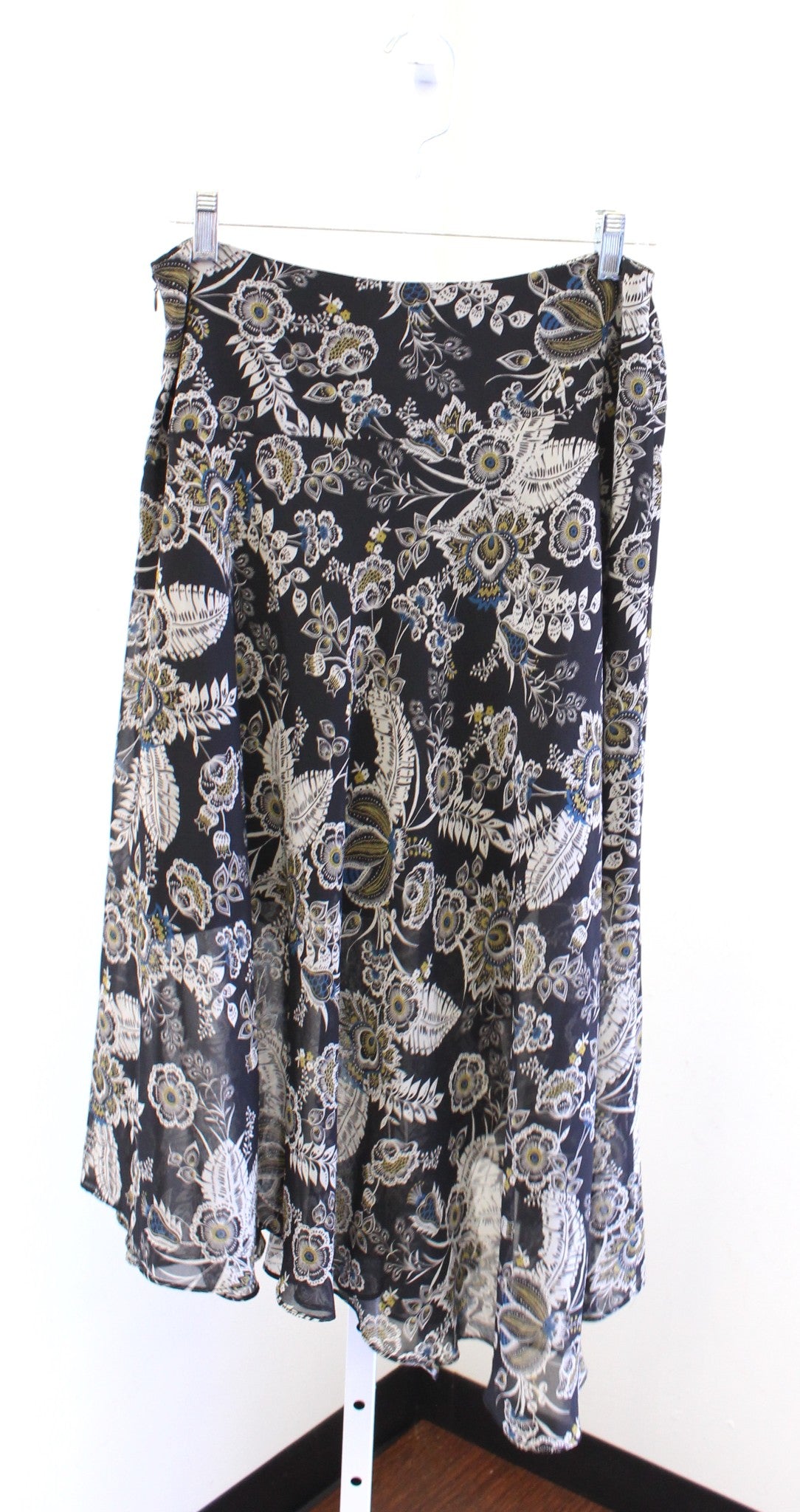 Bailey 44 Josephine Black Floral Print Asymmetric Hem Midi Skirt Size M Boho