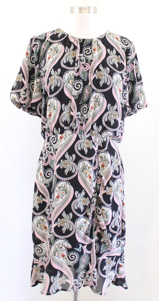 Sam Edelman Black Floral Paisley Print Puff Sleeve Ruched Dress Size 12 Sheath