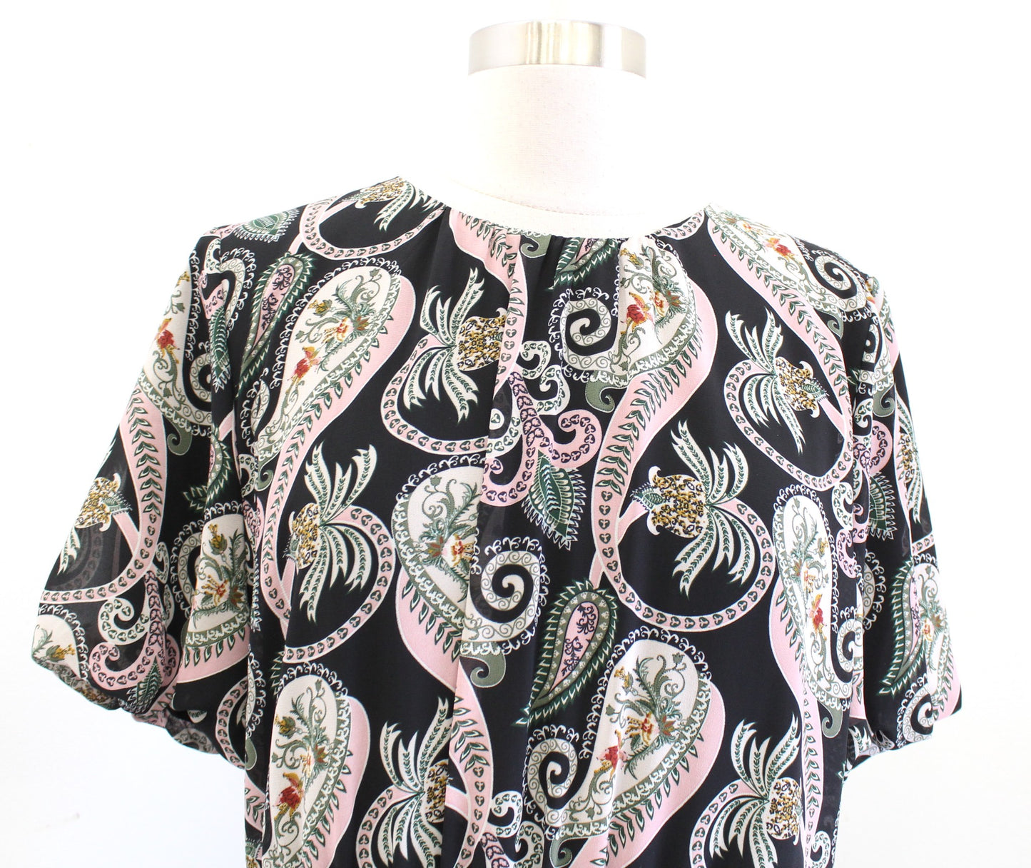 Sam Edelman Black Floral Paisley Print Puff Sleeve Ruched Dress Size 12 Sheath