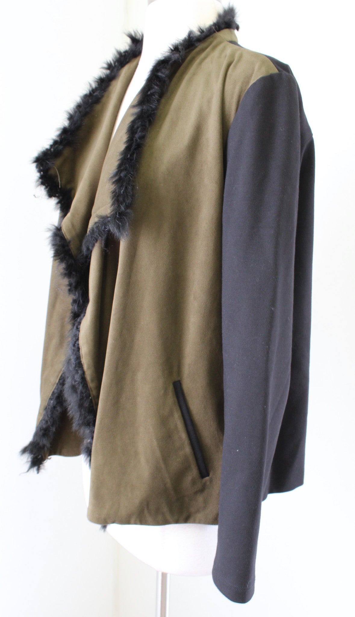 Drew Anthropologie Green Black Faux Suede Rabbit Fur Trim Moto Jacket Size M