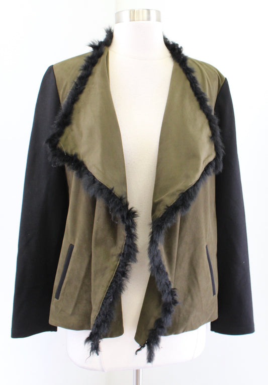 Drew Anthropologie Green Black Faux Suede Rabbit Fur Trim Moto Jacket Size M