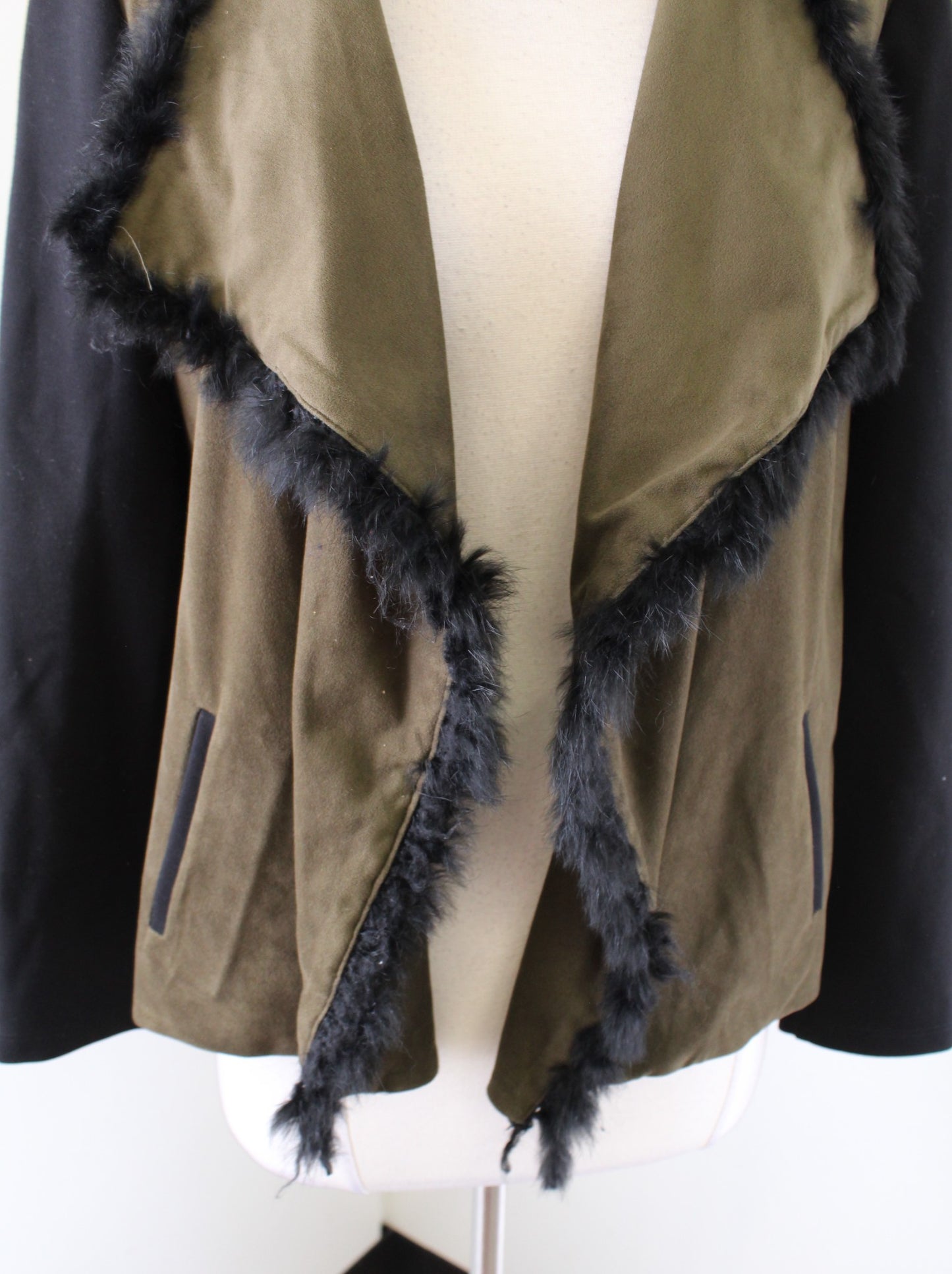 Drew Anthropologie Green Black Faux Suede Rabbit Fur Trim Moto Jacket Size M