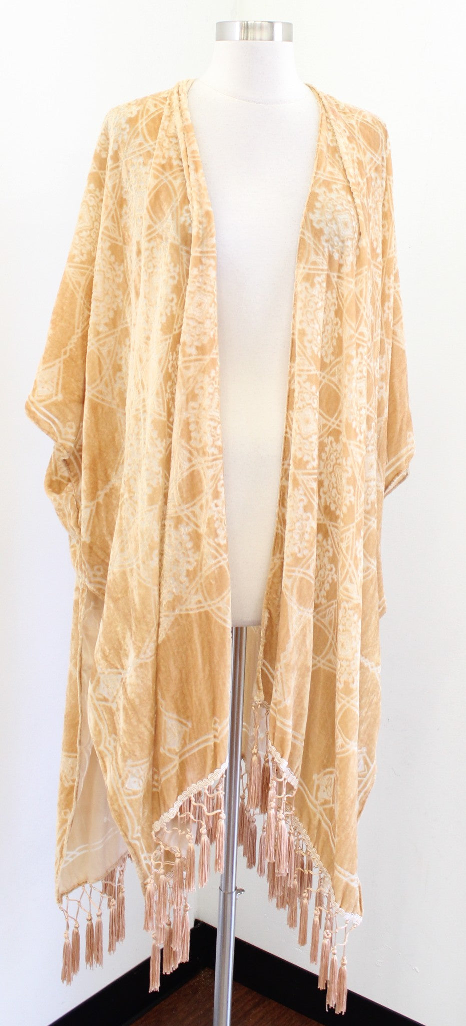 NWT Free People Kaleidoscope Velvet Burnout Fringe Kimono Duster One Size Taupe