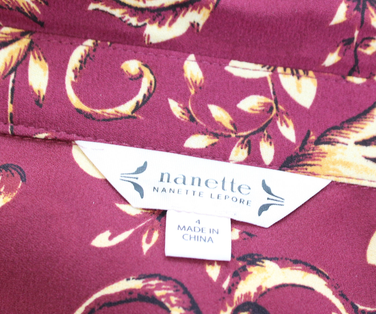 Nanette Lepore Burgundy Yellow-Gold Floral Paisley Button Front Shirt Dress Sz 4