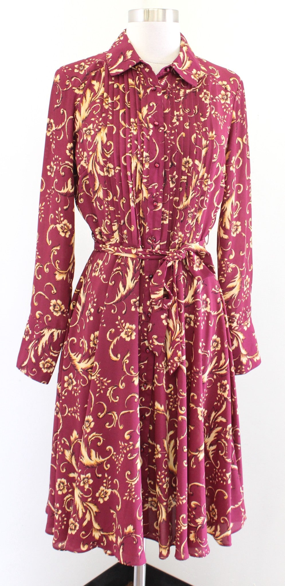 Nanette Lepore Burgundy Yellow-Gold Floral Paisley Button Front Shirt Dress Sz 4