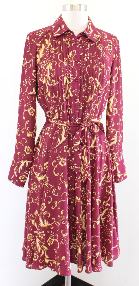 Nanette Lepore Burgundy Yellow-Gold Floral Paisley Button Front Shirt Dress Sz 4