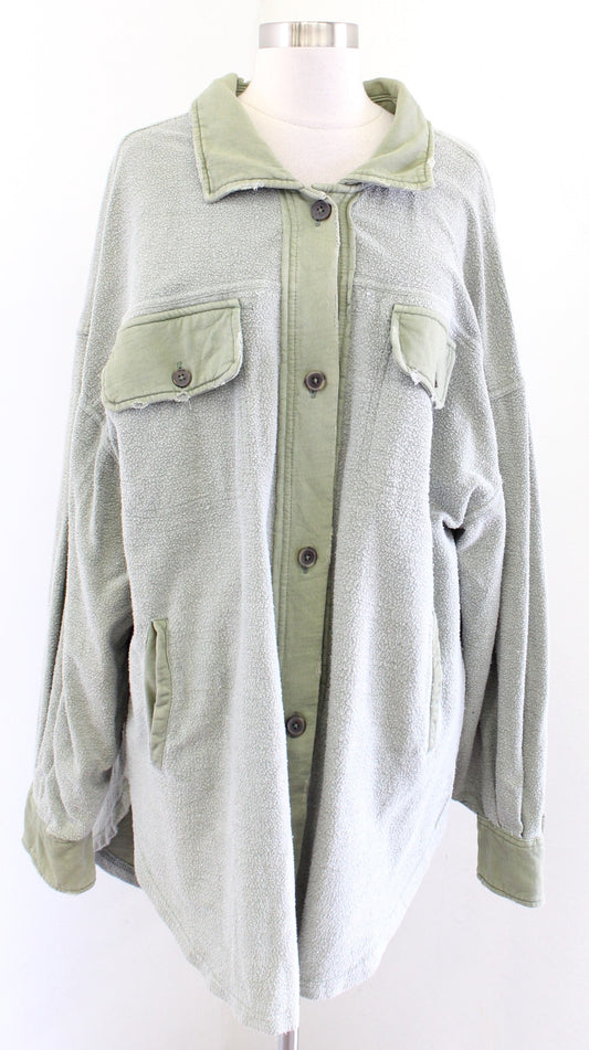 Free People Ruby Green Knit Distressed Oversized Jacket Shirt Shacket Size L