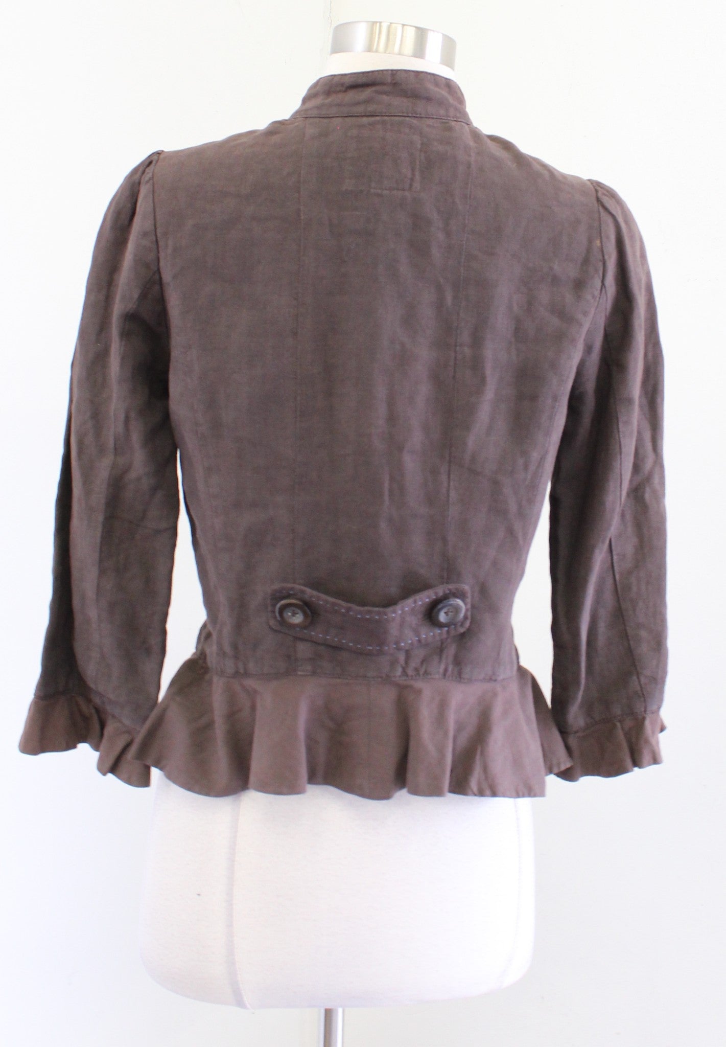 Cidra Anthropologie Brown 100% Linen Stand Collar Ruffle Peplum Blazer Jacket 6