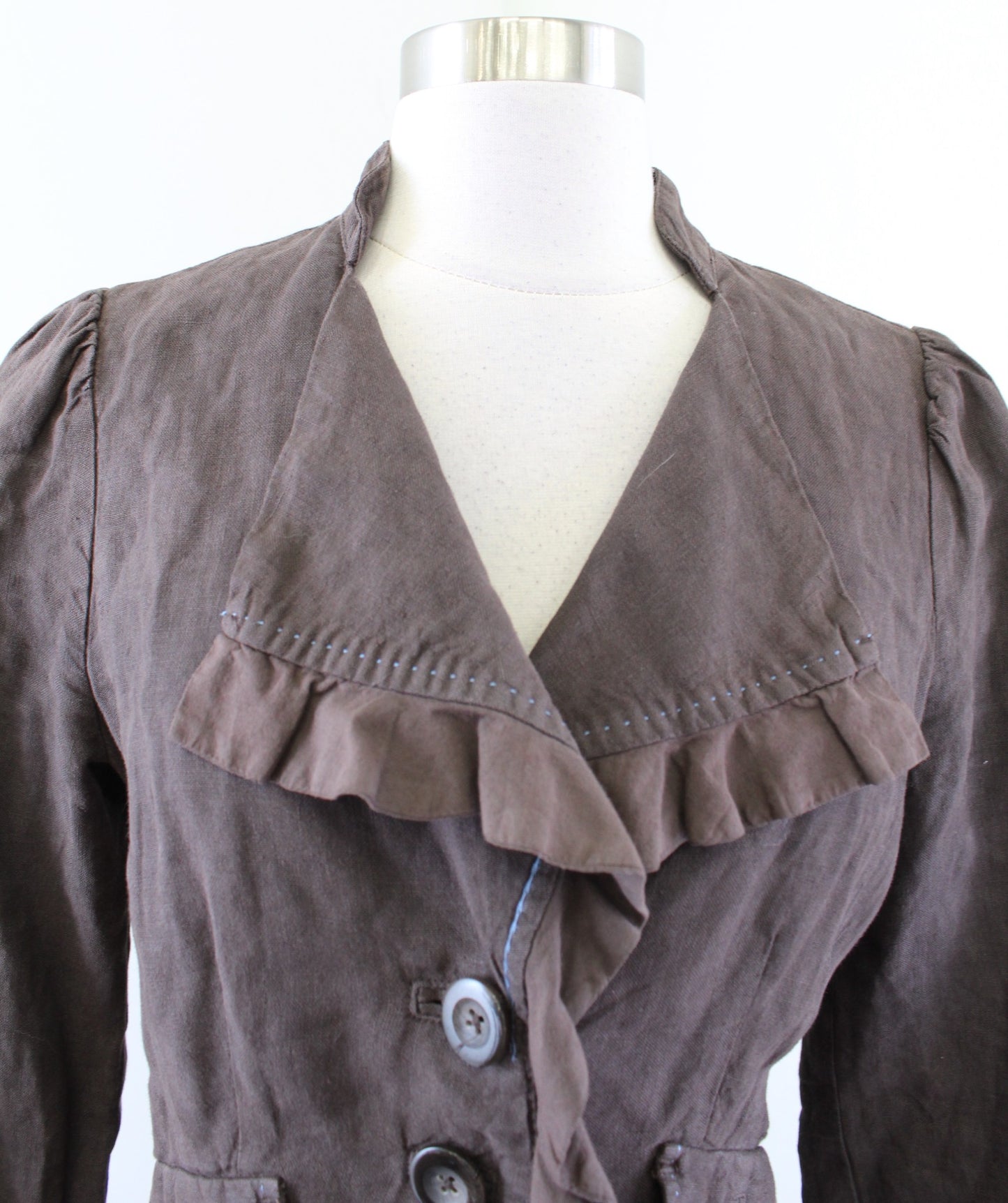 Cidra Anthropologie Brown 100% Linen Stand Collar Ruffle Peplum Blazer Jacket 6