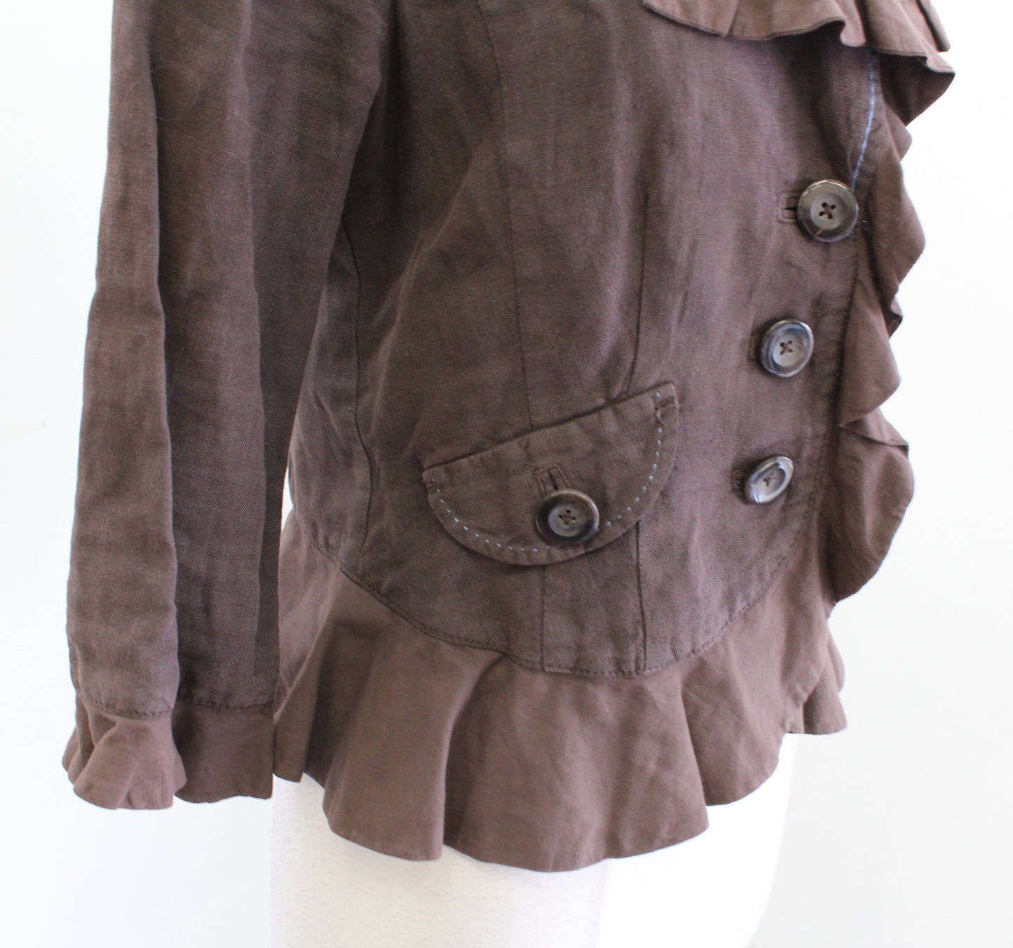 Cidra Anthropologie Brown 100% Linen Stand Collar Ruffle Peplum Blazer Jacket 6