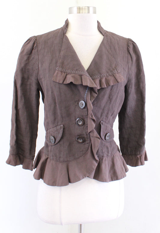 Cidra Anthropologie Brown 100% Linen Stand Collar Ruffle Peplum Blazer Jacket 6