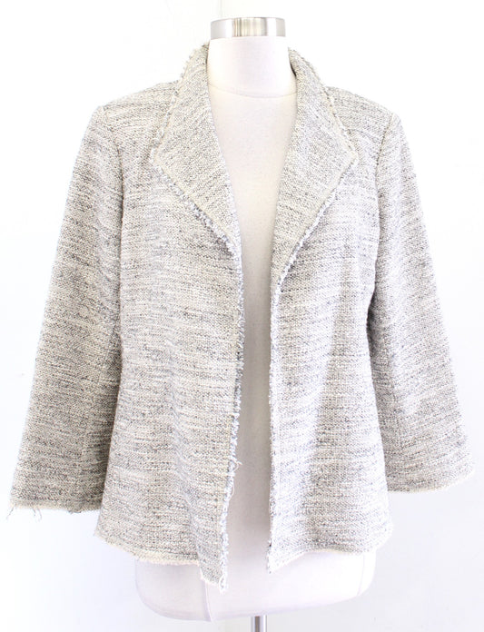 Eileen Fisher Beige Gray White Woven Tweed Fringe Open Blazer Jacket Size S