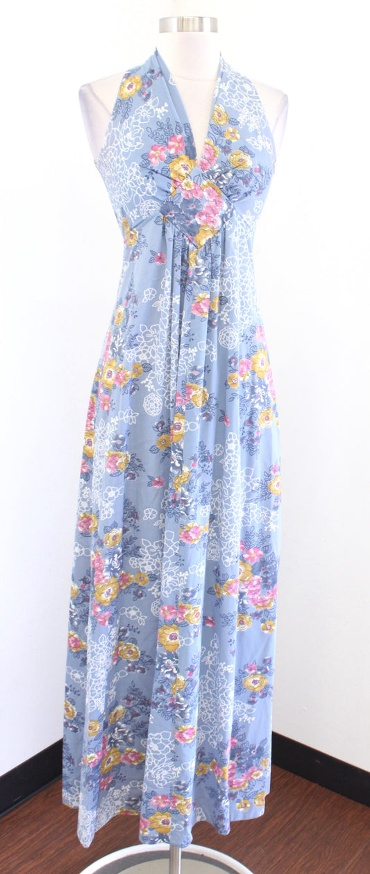 Vtg 70s Allegro Blue Pink Floral V Neck Sleeveless Maxi House Dress Size 7 / S