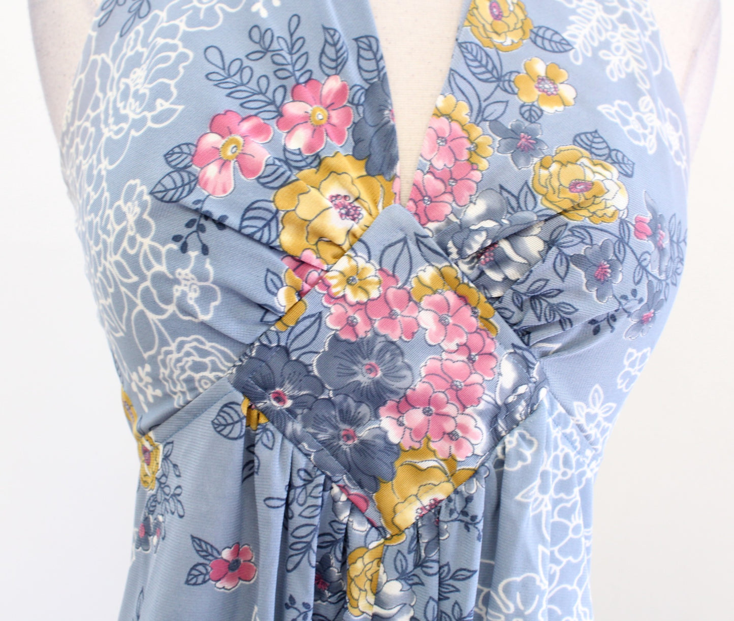 Vtg 70s Allegro Blue Pink Floral V Neck Sleeveless Maxi House Dress Size 7 / S