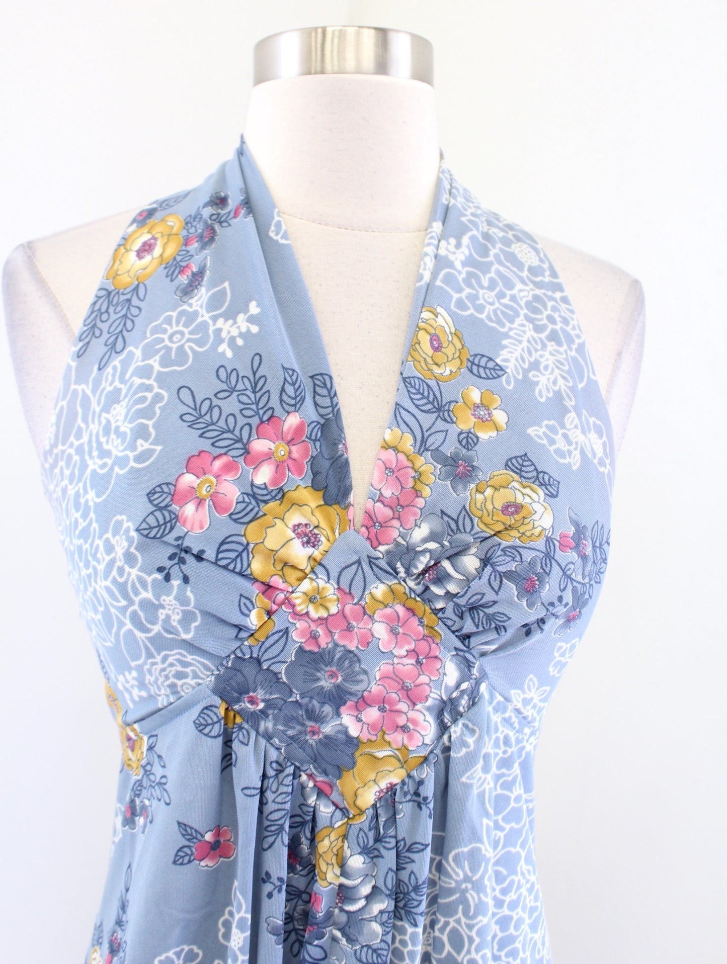 Vtg 70s Allegro Blue Pink Floral V Neck Sleeveless Maxi House Dress Size 7 / S