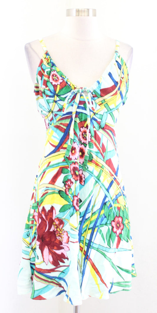 Jams World Abstract Floral Print Ruched Mini Summer Beach Dress Size L Blue