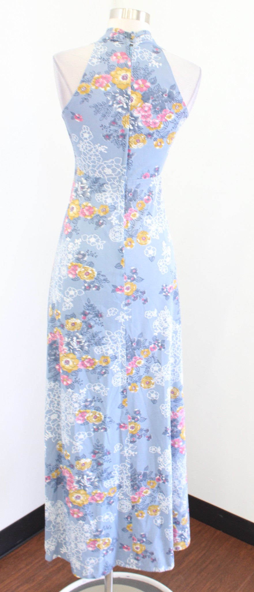 Vtg 70s Allegro Blue Pink Floral V Neck Sleeveless Maxi House Dress Size 7 / S